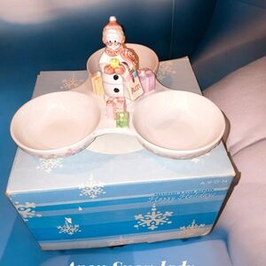 Avon Pastel Snowman Triple Dish with Pink, Lavender and Green Accents